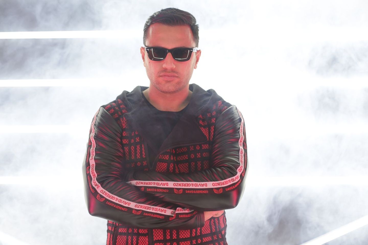 Man in a plaid shirt and sunglasses on set